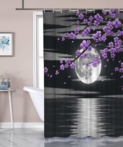 Purple Flower Shower Curtain - Full Moon Night Bathroom Decor