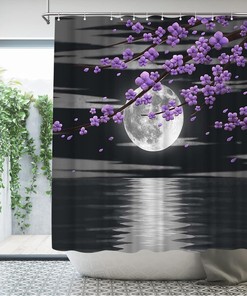 Purple Flower Shower Curtain - Full Moon Night Bathroom Decor