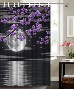 Purple Flower Shower Curtain - Full Moon Night Bathroom Decor