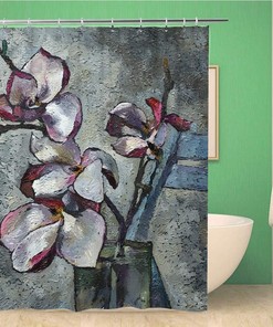Purple Magnolia Flowers Oil Painting Shower Curtain, Waterproof Fabric, Home and Bathroom Decor