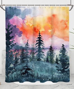 RV Camper Size Shower Curtain with Watercolor Forest Camping Design - Perfect for Woodland Landscape Bathroom Decoration