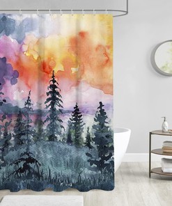 RV Camper Size Shower Curtain with Watercolor Forest Camping Design - Perfect for Woodland Landscape Bathroom Decoration