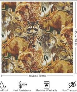 Raccoon, Moose, Wolf, Deer, Bear and Puma Animal Print Waterproof Shower Curtain for Bathroom Decoration