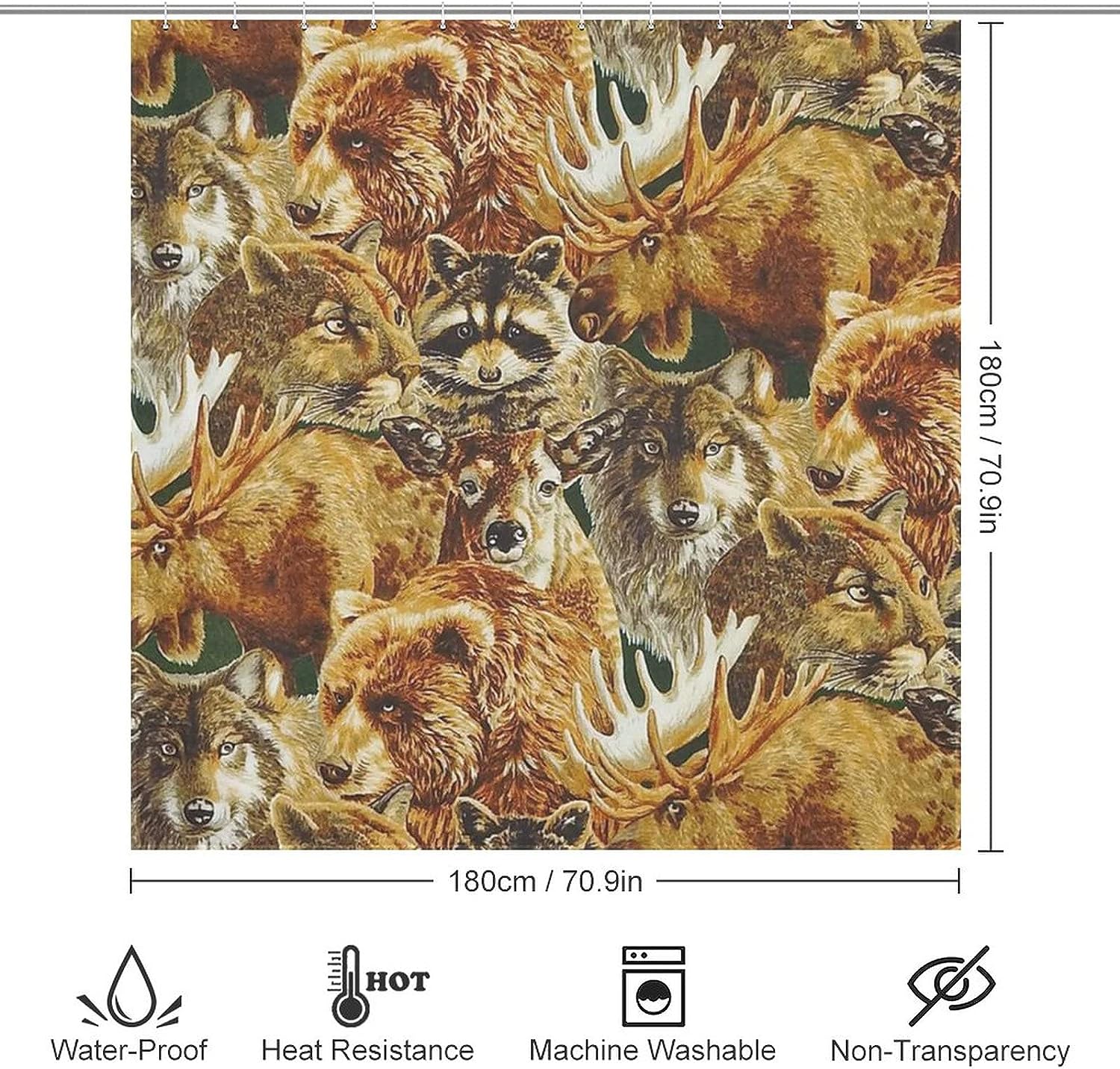 Raccoon, Moose, Wolf, Deer, Bear and Puma Animal Print Waterproof Shower Curtain for Bathroom Decoration