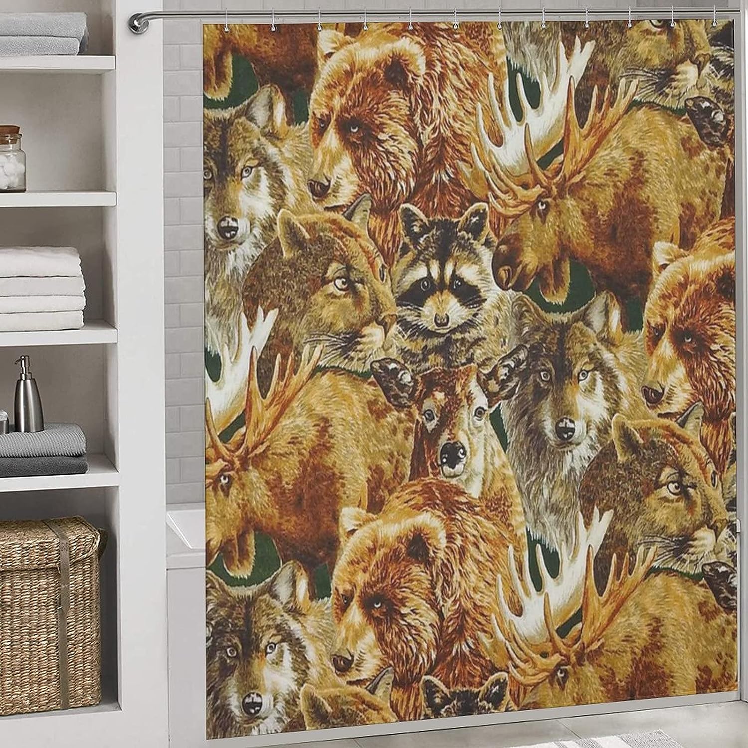Raccoon, Moose, Wolf, Deer, Bear and Puma Animal Print Waterproof Shower Curtain for Bathroom Decoration