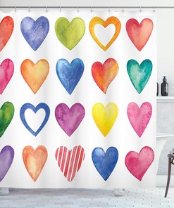 Rainbow Heart Shapes Shower Curtain, Colorful Valentine's Day Print for Bathroom Decor, Grunge Red Blue and Yellow Cloth Fabric