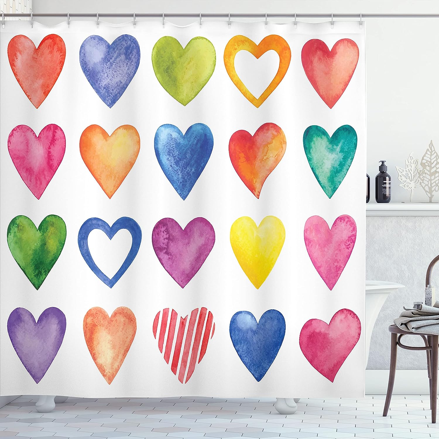 Rainbow Heart Shapes Shower Curtain, Colorful Valentine's Day Print for Bathroom Decor, Grunge Red Blue and Yellow Cloth Fabric