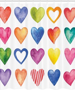 Rainbow Heart Shapes Shower Curtain, Colorful Valentine's Day Print for Bathroom Decor, Grunge Red Blue and Yellow Cloth Fabric