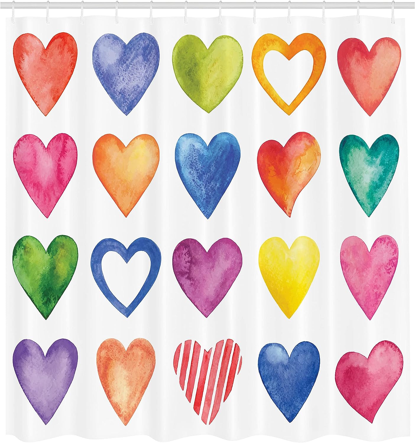 Rainbow Heart Shapes Shower Curtain, Colorful Valentine's Day Print for Bathroom Decor, Grunge Red Blue and Yellow Cloth Fabric