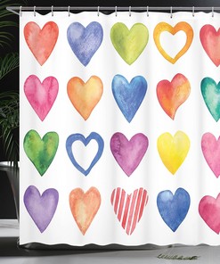 Rainbow Heart Shapes Shower Curtain, Colorful Valentine's Day Print for Bathroom Decor, Grunge Red Blue and Yellow Cloth Fabric