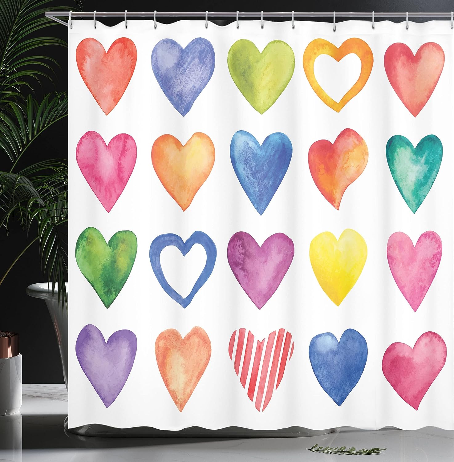 Rainbow Heart Shapes Shower Curtain, Colorful Valentine's Day Print for Bathroom Decor, Grunge Red Blue and Yellow Cloth Fabric