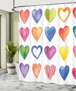 Rainbow Heart Shapes Shower Curtain, Colorful Valentine's Day Print for Bathroom Decor, Grunge Red Blue and Yellow Cloth Fabric
