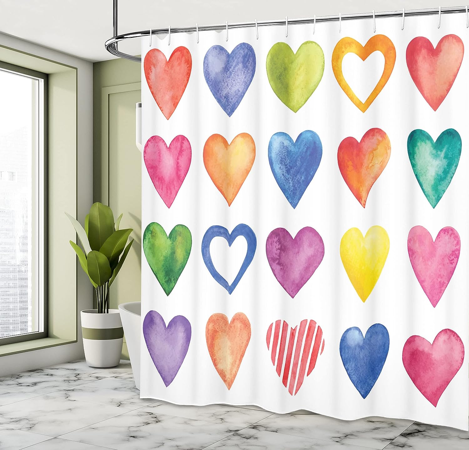 Rainbow Heart Shapes Shower Curtain, Colorful Valentine's Day Print for Bathroom Decor, Grunge Red Blue and Yellow Cloth Fabric