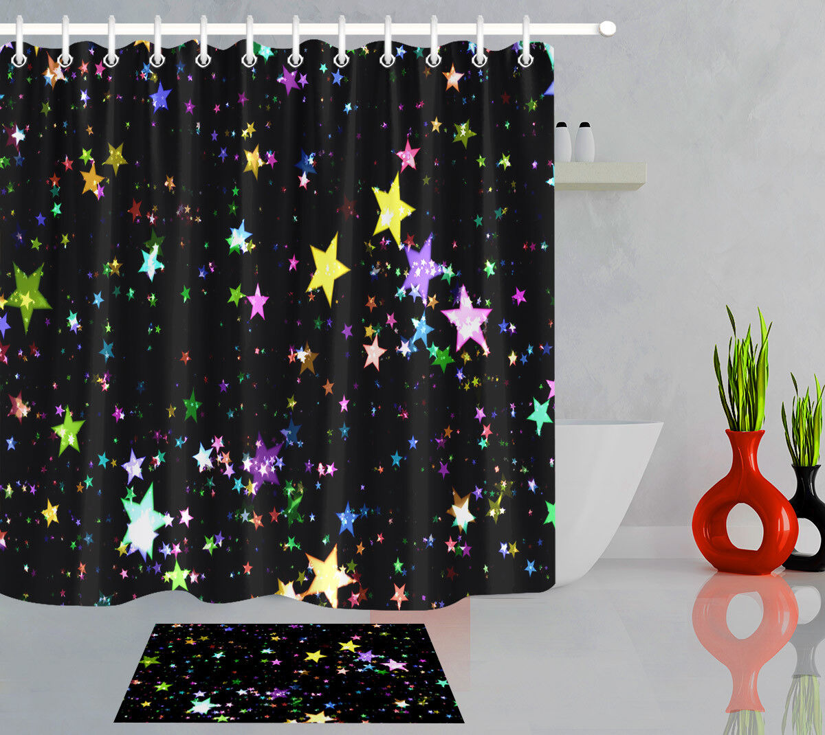 Rainbow Stars Black Shower Curtain for Home Bathroom Decor
