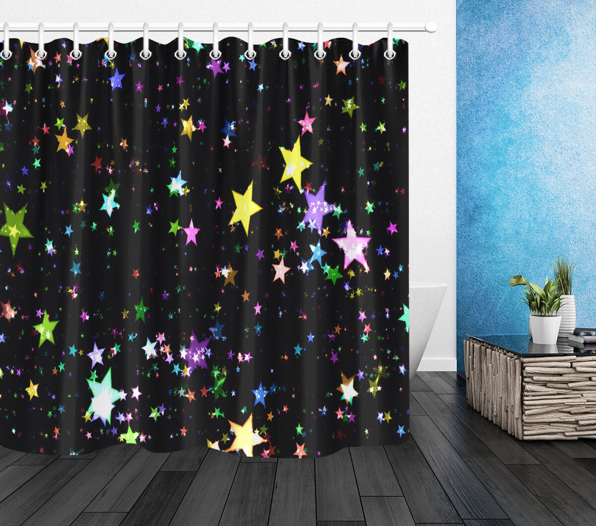 Rainbow Stars Black Shower Curtain for Home Bathroom Decor