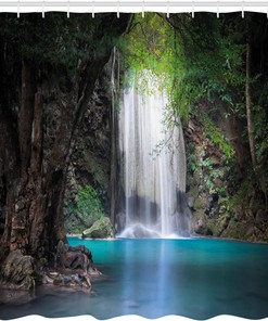 Rainforest Waterfall Idyllic Surreal Nature Shower Curtain Fern Green Bathroom Decor