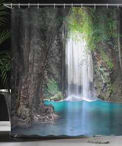Rainforest Waterfall Idyllic Surreal Nature Shower Curtain Fern Green Bathroom Decor