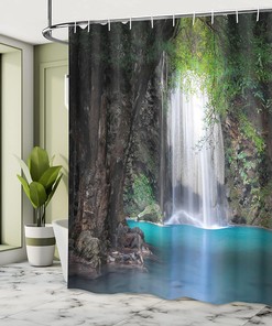 Rainforest Waterfall Idyllic Surreal Nature Shower Curtain Fern Green Bathroom Decor