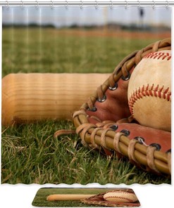 Red Baseball Sport Ball Print Shower Curtain for Sports Bathroom Decor 