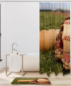 Red Baseball Sport Ball Print Shower Curtain for Sports Bathroom Decor