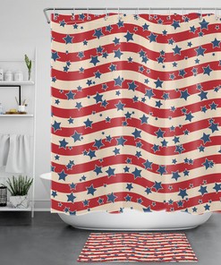Red Beige Striped Patriotic Shower Curtain with Blue Star - Bathroom and Home Decor