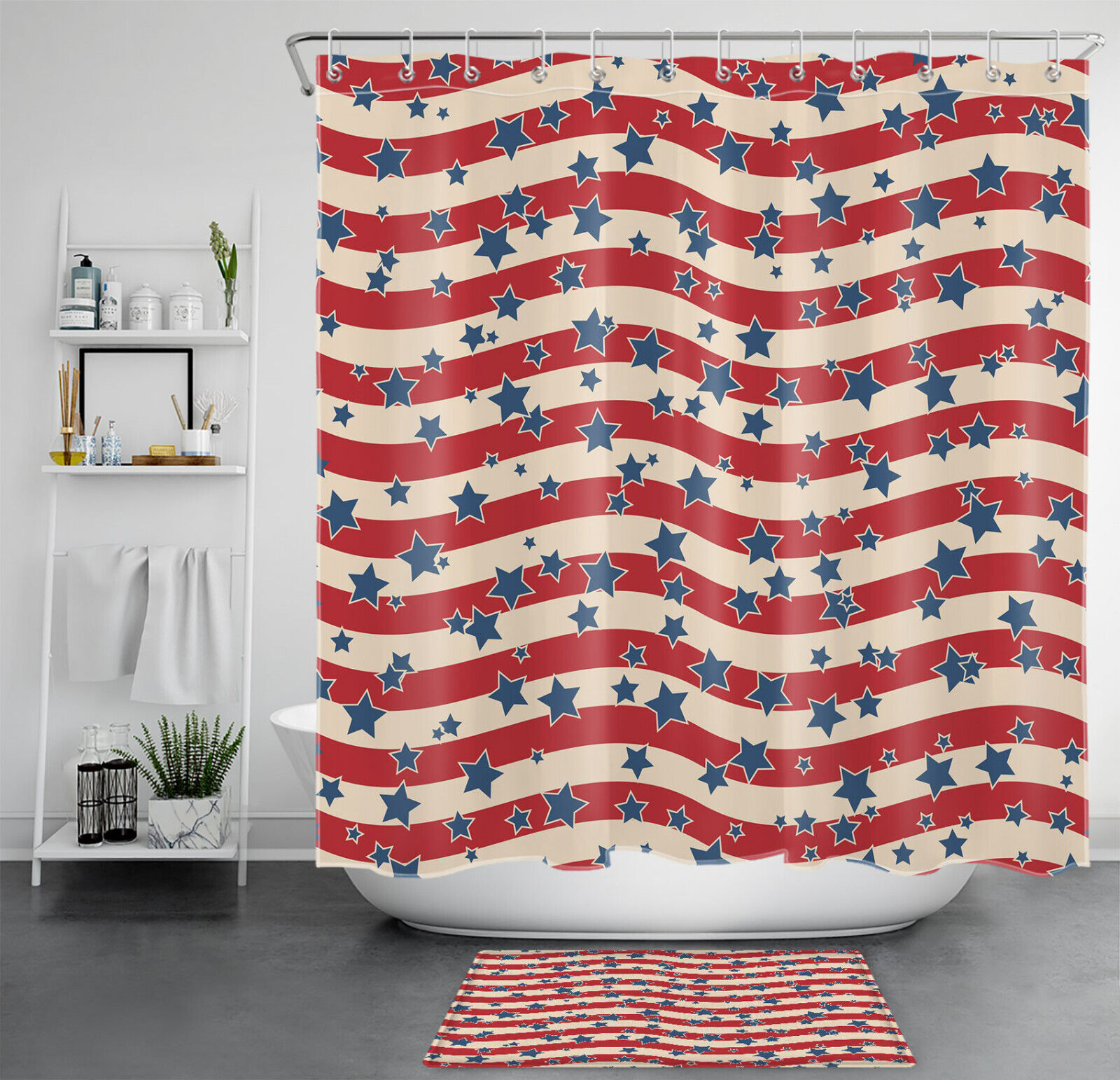 Red Beige Striped Patriotic Shower Curtain with Blue Star - Bathroom and Home Decor