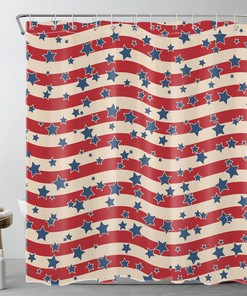 Red Beige Striped Patriotic Shower Curtain with Blue Star - Bathroom and Home Decor