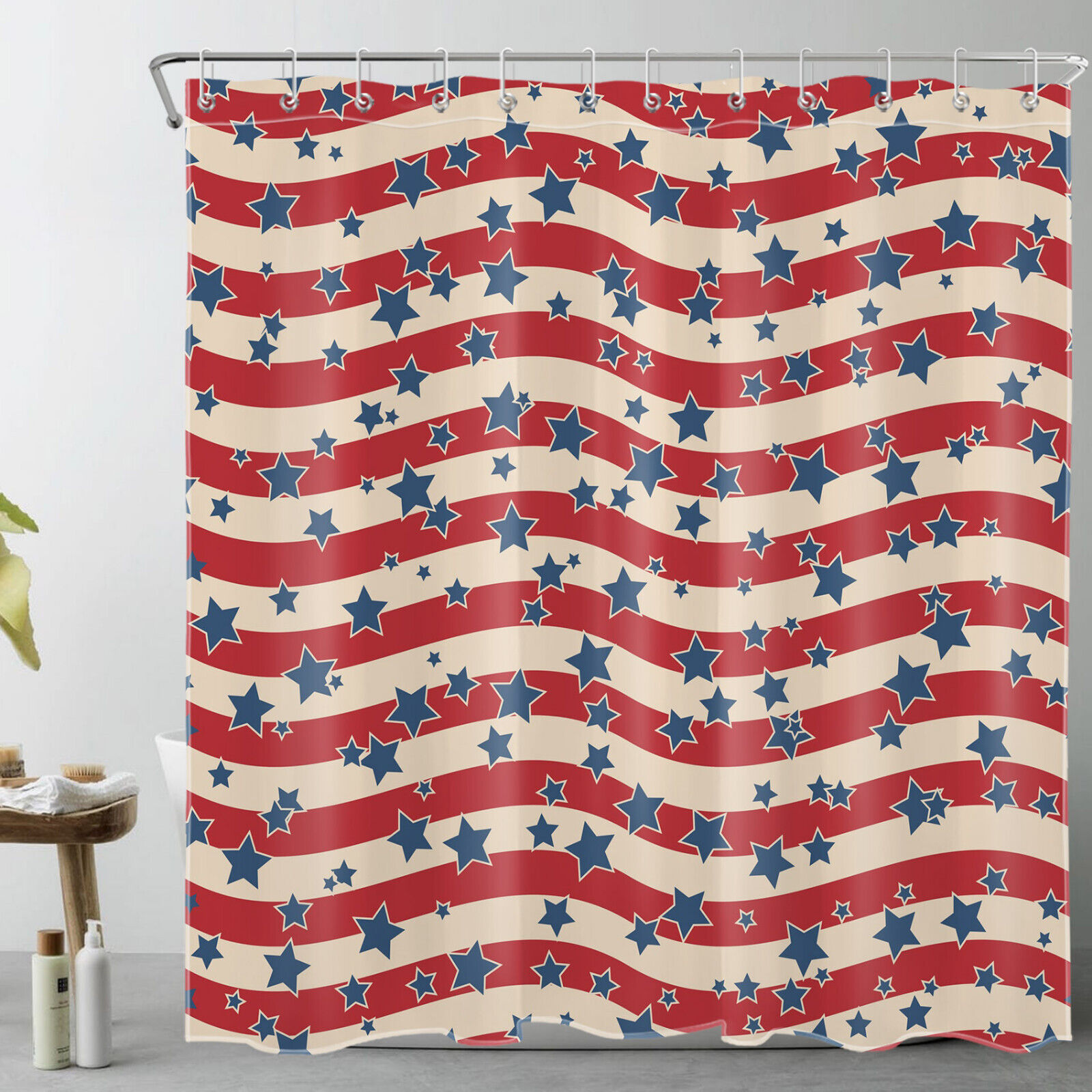 Red Beige Striped Patriotic Shower Curtain with Blue Star - Bathroom and Home Decor