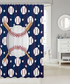 Red Blue Geometric Stripes Waterproof Bathroom Curtain for Ball Sports Games Themed Bath Curtain 
