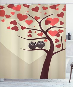 Red Brown Ivory Owls Shower Curtain, Owl Couples Sitting on Branch Valentine Tree Artwork, Bathroom Decor 
