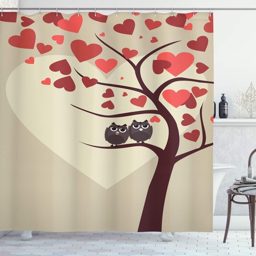 Red Brown Ivory Owls Shower Curtain, Owl Couples Sitting on Branch Valentine Tree Artwork, Bathroom Decor