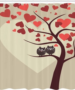 Red Brown Ivory Owls Shower Curtain, Owl Couples Sitting on Branch Valentine Tree Artwork, Bathroom Decor