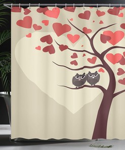 Red Brown Ivory Owls Shower Curtain, Owl Couples Sitting on Branch Valentine Tree Artwork, Bathroom Decor 
