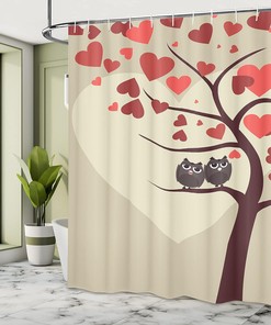 Red Brown Ivory Owls Shower Curtain, Owl Couples Sitting on Branch Valentine Tree Artwork, Bathroom Decor 