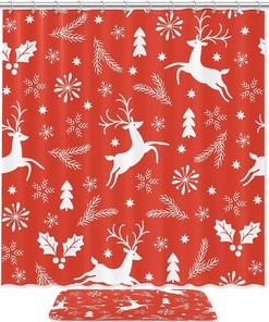 Red Christmas Deer Elk Leaves Shower Curtain in Waterproof Fabric for Bathroom Decor