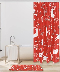 Red Christmas Deer Elk Leaves Shower Curtain in Waterproof Fabric for Bathroom Decor