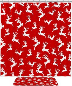 Red Christmas Deer Waterproof Shower Curtain for Holiday Bathroom Decor