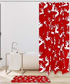 Red Christmas Deer Waterproof Shower Curtain for Holiday Bathroom Decor