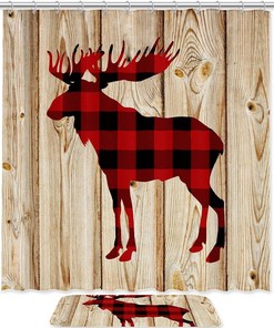 Red Deer Head Silhouette Shower Curtain in Waterproof Fabric for Bathroom Decor
