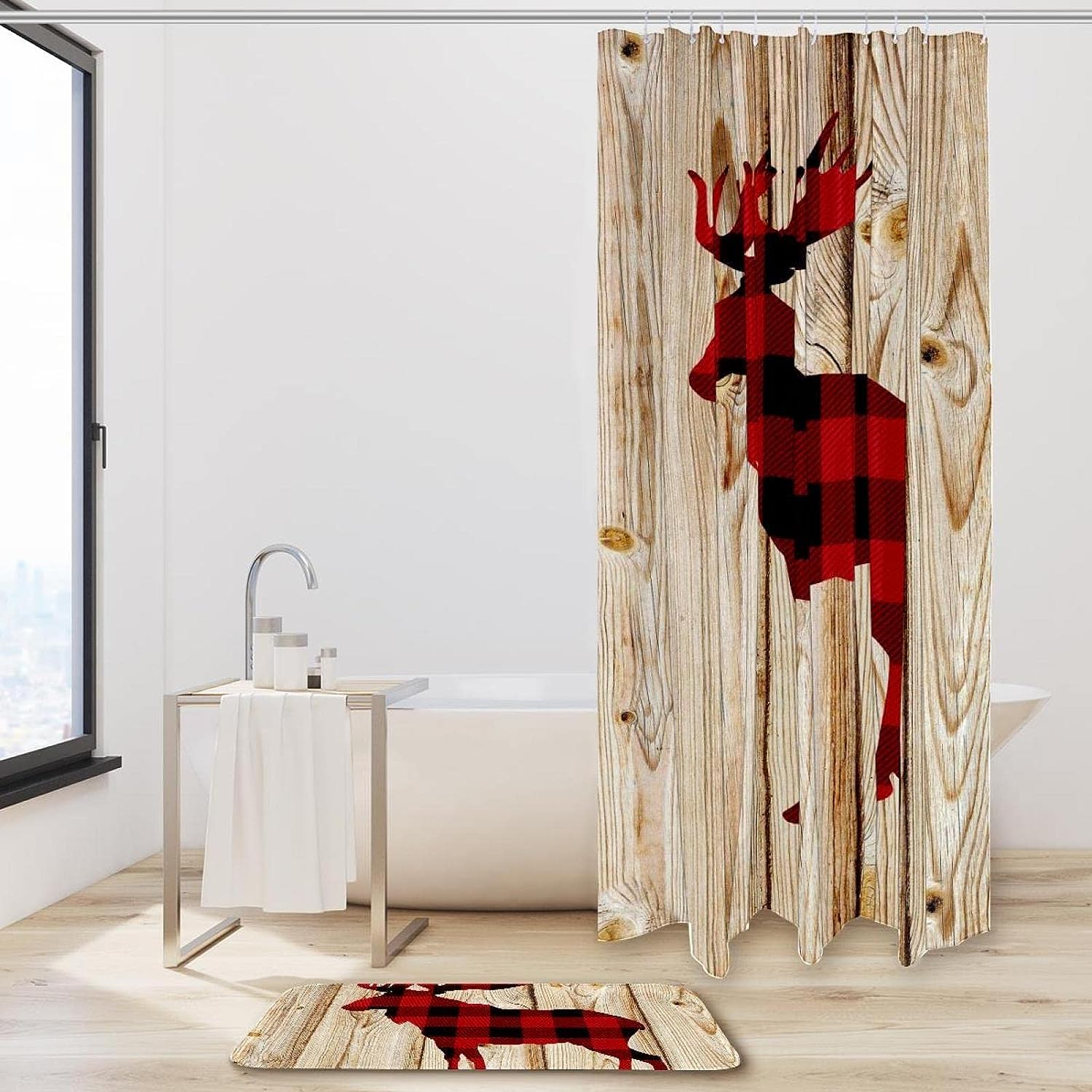 Red Deer Head Silhouette Shower Curtain in Waterproof Fabric for Bathroom Decor