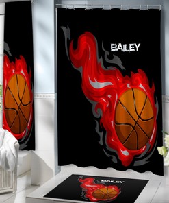 Red Flames Sport Basketball Themed Shower Curtain for Kids and Teens - Bathroom Decor