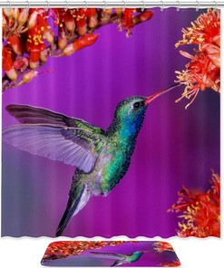 Red Flowers Hummingbird Bathroom Shower Curtain - Waterproof Fabric