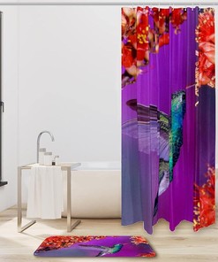 Red Flowers Hummingbird Bathroom Shower Curtain - Waterproof Fabric