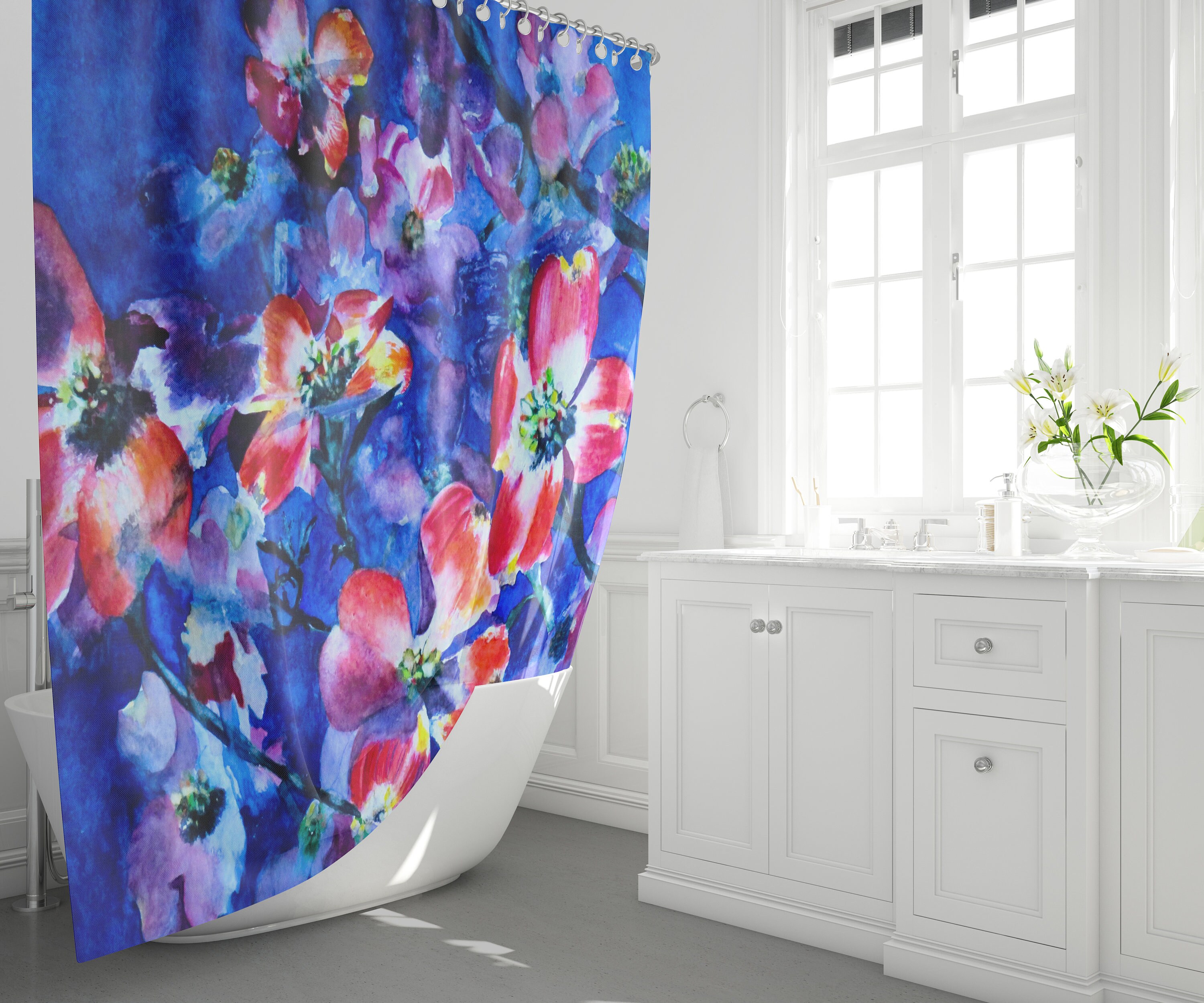 Red Flowers Shower Curtain, Original Watercolor Art, Home Bathroom Decor