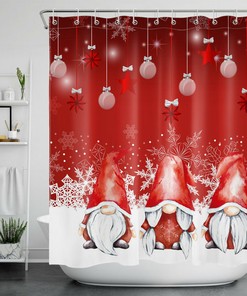 Red Gnomes Christmas Ball Snowflake Shower Curtain for a Festive and Whimsical Bathroom Decor