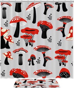 Red Mushroom Pattern Black Shower Curtain for Quirky and Whimsical Bathroom Decor