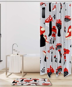 Red Mushroom Pattern Black Shower Curtain for Quirky and Whimsical Bathroom Decor