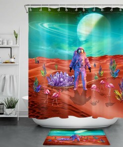 Red Planet Flamingo Crystal Shower Curtain - Astronaut Bathroom Decor