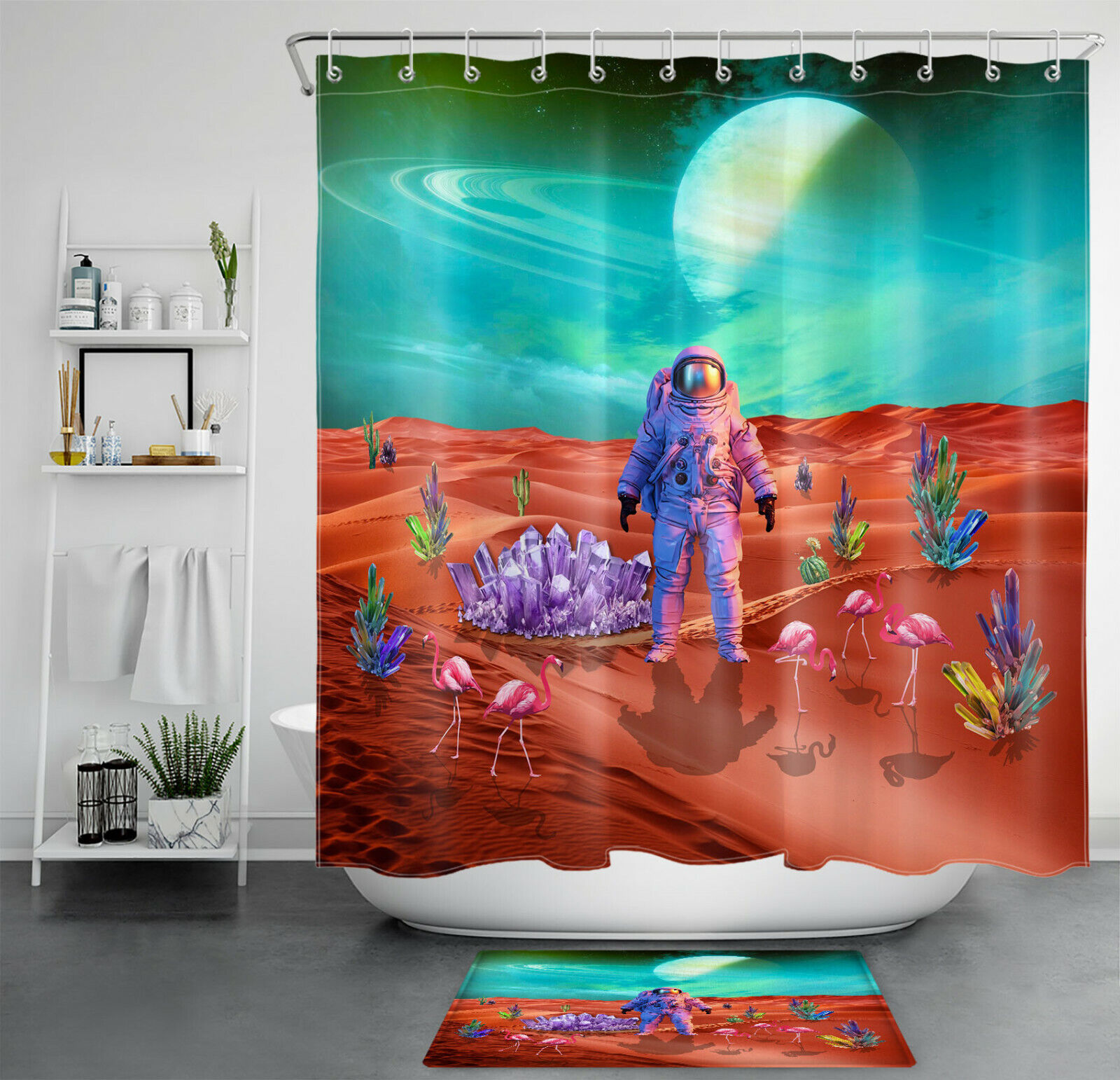 Red Planet Flamingo Crystal Shower Curtain - Astronaut Bathroom Decor