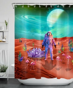 Red Planet Flamingo Crystal Shower Curtain - Astronaut Bathroom Decor